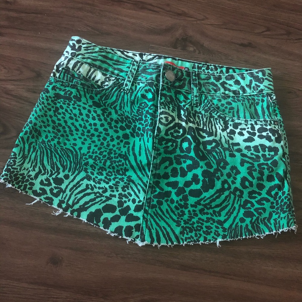 Vintage 90’s  Animal Print Denim Mini Skirt Jade Green Black Size Small S